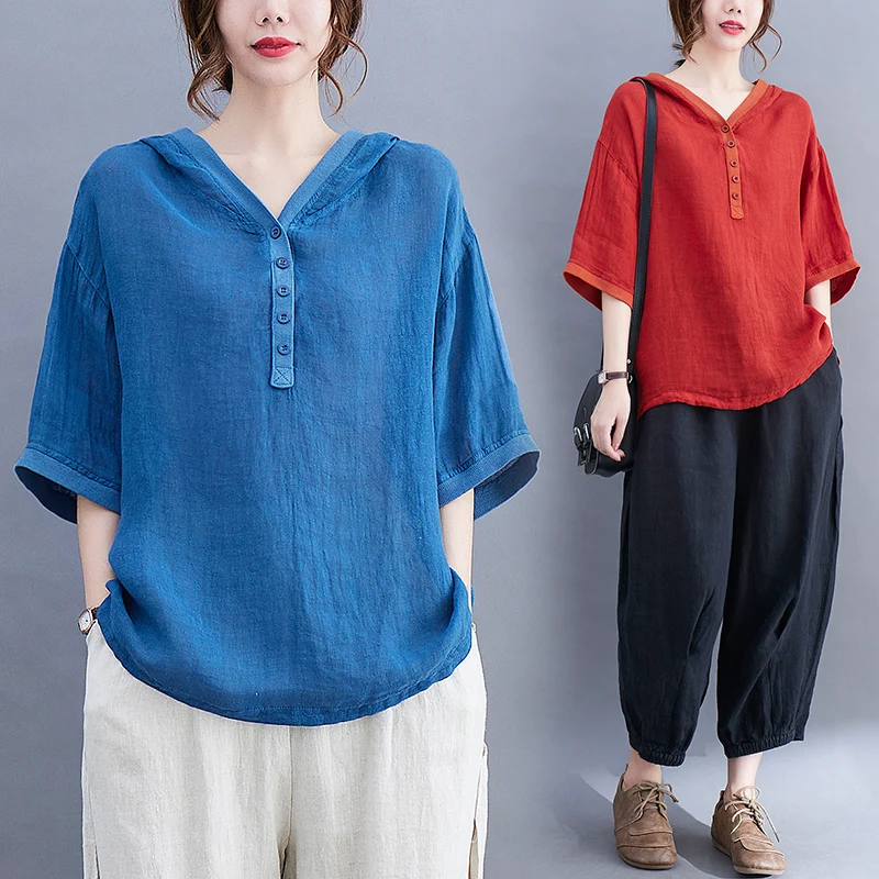

Literary Hooded T-shirt Women's 2022 Summer New Loose And Versatile Cotton Linen Half Sleeve Top