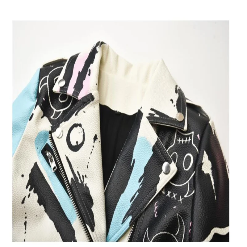 New street leather jacket women's letters contrast color printing rivets short coats personality пальто женское кожаная куртка enlarge