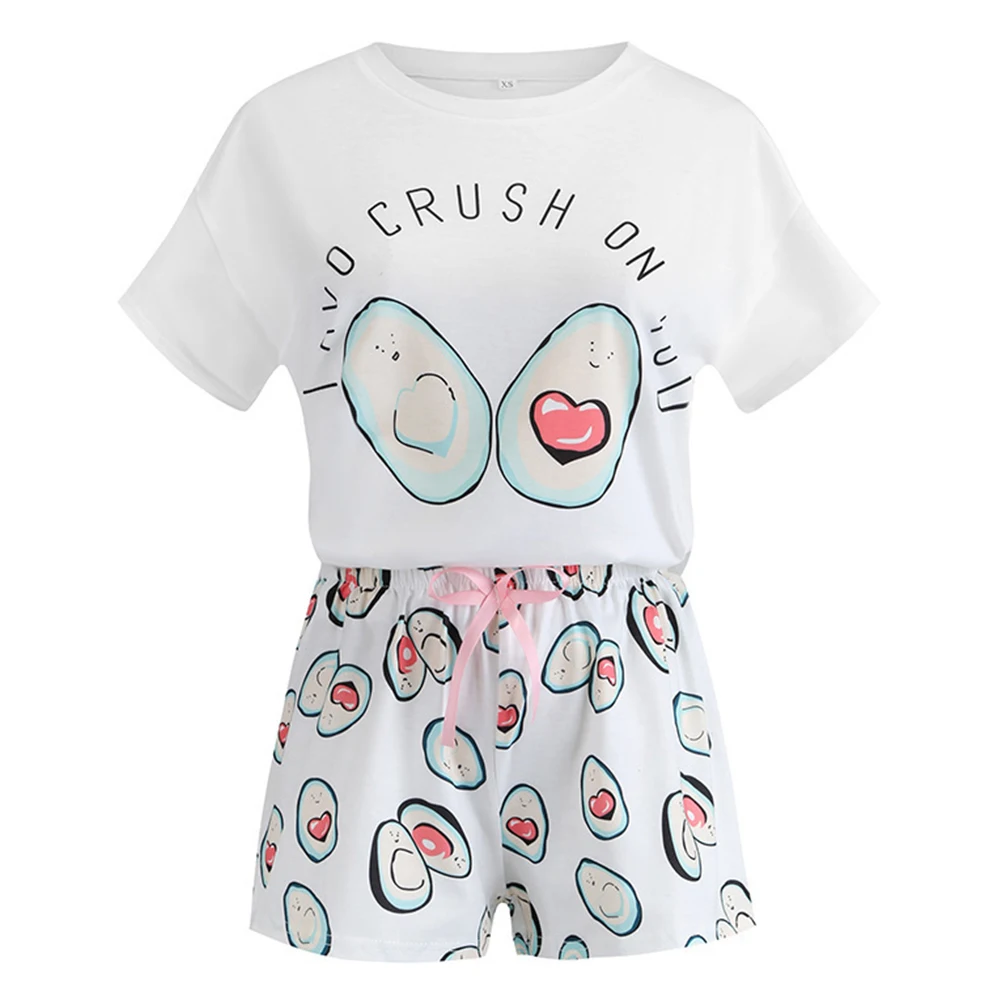 

Women Short Sleeve T-shirt Shorts Cute Summer Daily Lounge Wear Loose Crew Neck Adult Nightwear Set Gift Floral Printed Fashion