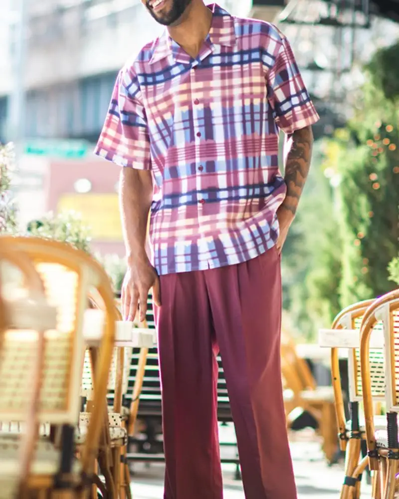 2023 men's short-sleeved shirt+suit pants two-piece street outdoor leisure retro line printed lapel single-breasted shirt suit