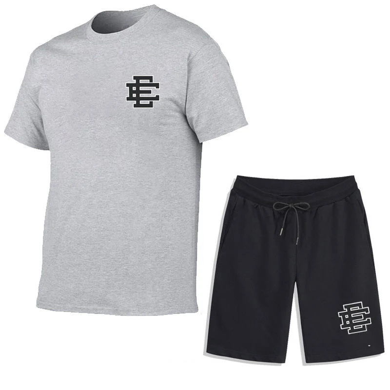 EE Print Man Summer Tracksuit Casual Short Sleeve Tops + Short Pants Sets Streetwear Men's Cotton Sports Suits T Shirt Short