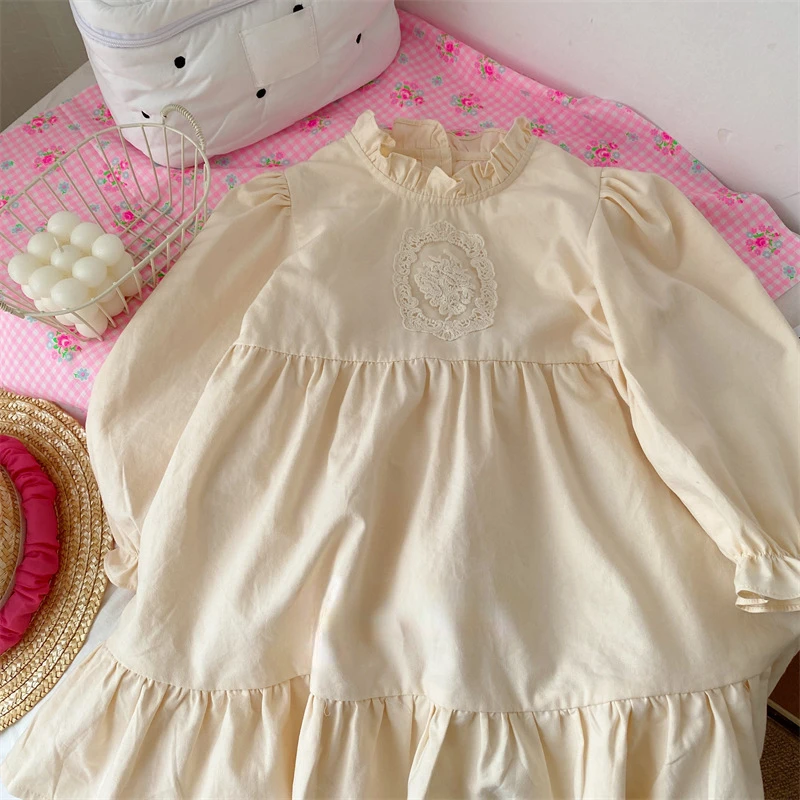 

RiniKinda 2022 Autumn Girl Dress Cotton Solid Full Sleeve Children Dress Ruffles Kids Dresses for Girls Fashion Girls Clothing