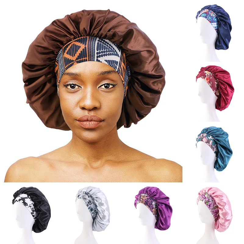 

Print Sleep Bonnet Oversized Hair Care Hat Stretch Nightcap Trendy Wide Brim African Woman Elasticity Hair Cap Shower Cap
