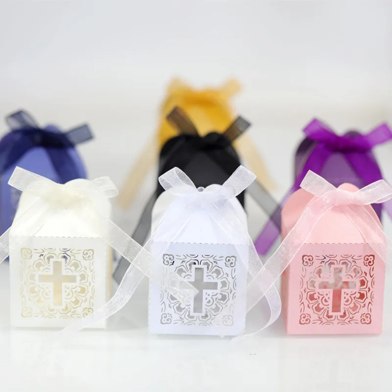 

20PCS Lace Cross Candy Box Easter Favor Gift Packaging Box Bag with Ribbon Birthday Baptism Wedding Communion Christening Decor