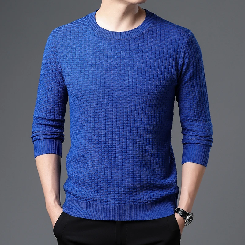 

High End Luxury 2022 Autumn Men's Knitted Pullover High Quality Round Neck Plaid Korean Trend Casual Fashion Bottoming Sweater