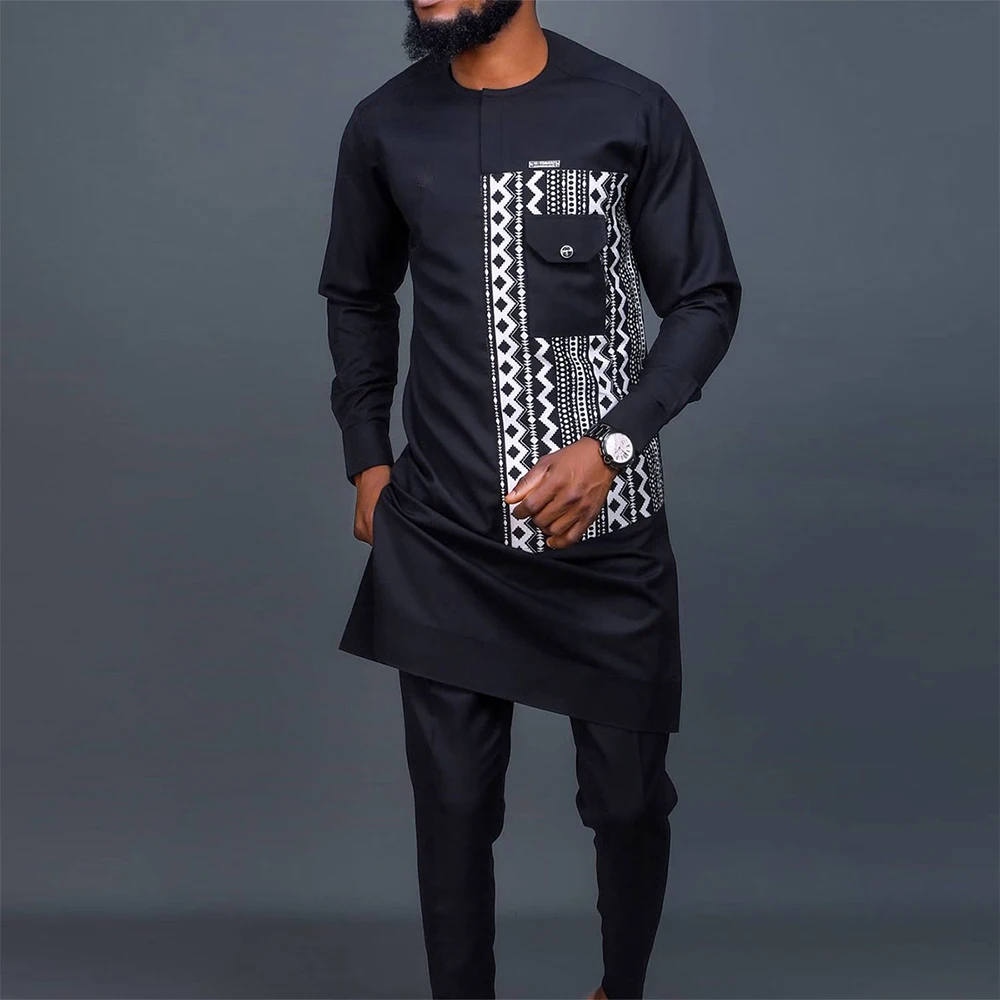 African Men Dashiki Long Sleeve 2 piece Set Traditional Africa Clothing Striped Men's Suit Male Shirt Pants Suits Black (M-4XL)