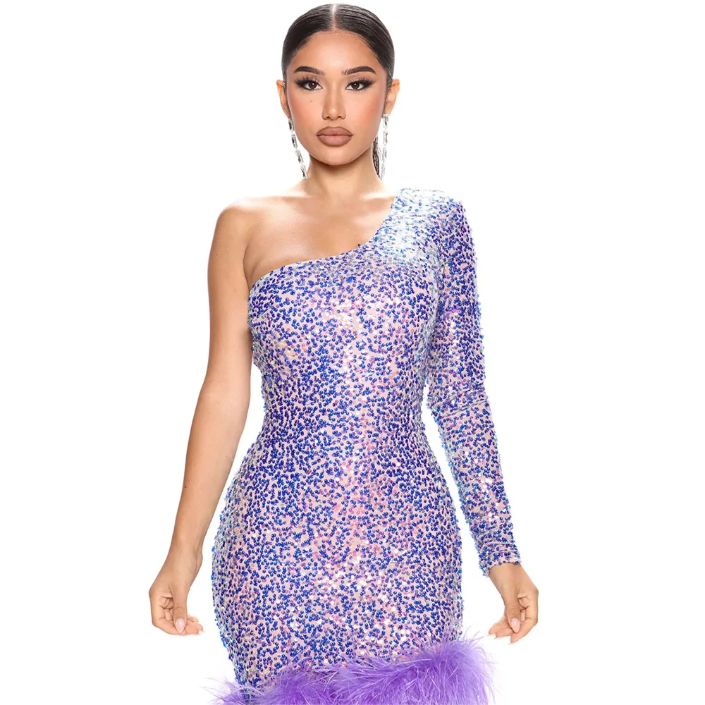 Women Sexy Sequins Feather Mini Dress One Shoulder Fashion Evening Dress Sexy Bodycon Party Club Dresses