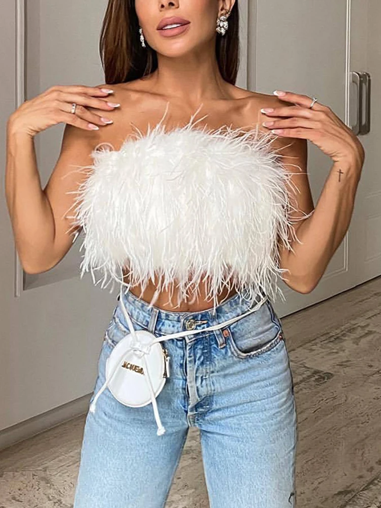

Sexy Furry Crop Top Women Camis Ostrich Feather Tank Tunic Vest Sleeveless Bra Night Club Party 2022 Female Tube Cropped Tops