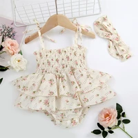 baby girl summer jumpsuit set princess floral bandage elasticated bust sleeveless ruffled romper with bow headband for toddler