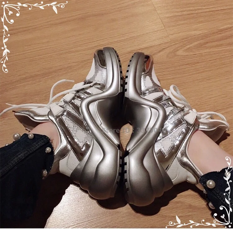 Women's Sport Shoes Platform Sneakers Leather Flat Shoes Lace Up Casual Sneakers Platform High Gang Walking Shoes Running Shoes