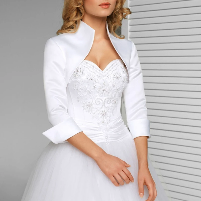 

Tengda Stain Bride Bolero Shrugs For Women Stand-up Collar Stola Wedding Jacket 3/4 Sleeves Cape Bridal Polly Custom Made