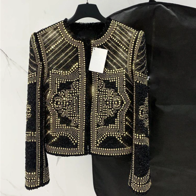 

Best Version Luxury Designer coat women Heavy Industry Metal Sheet Beaded Tweed Woolen slim fits Crew Neck woman Jacket jackets