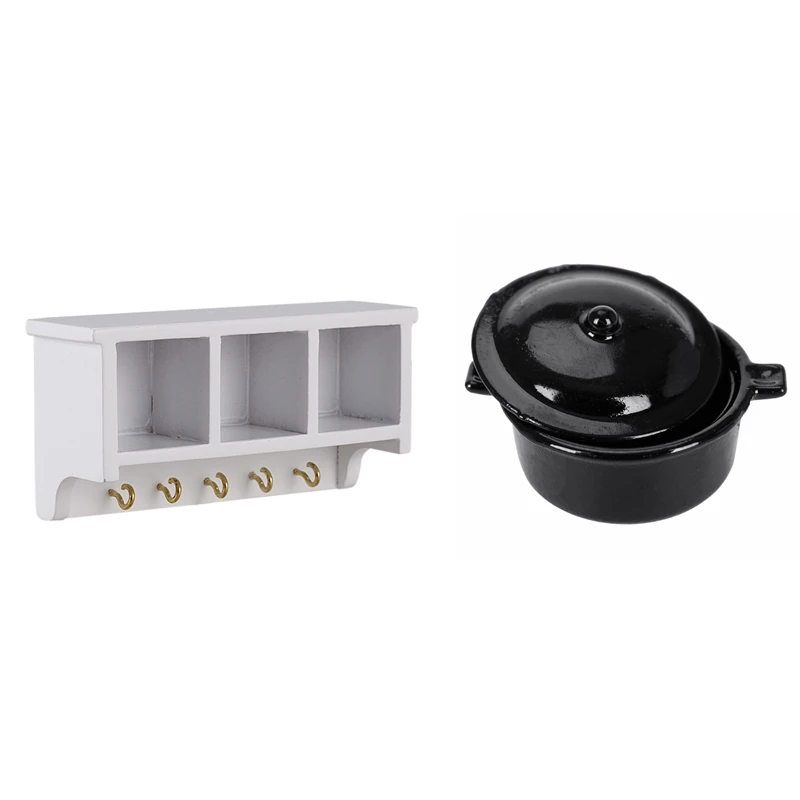 

1 шт. 1/12 миниатюрный кукольный домик, кухонный деревянный настенный кронштейн, белая и 1 шт. миниатюрная кастрюля для кукольного домика, Черн...