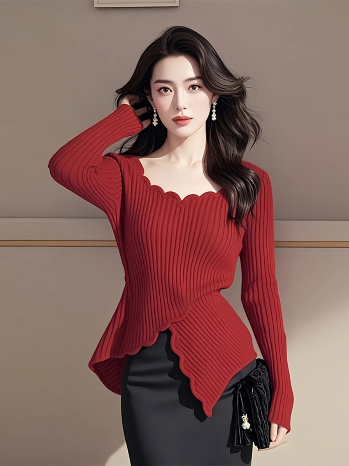 Ankela красный кружевной облегающий свитер с v-образным вырезом и нерегулярной