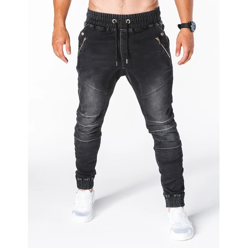 Men Jeans Spring Summer Fashion Solid Color Slim Zipper Denim Pencil Pants Trousers Men's Casual Lace-up Mid Waist Sports Jeans