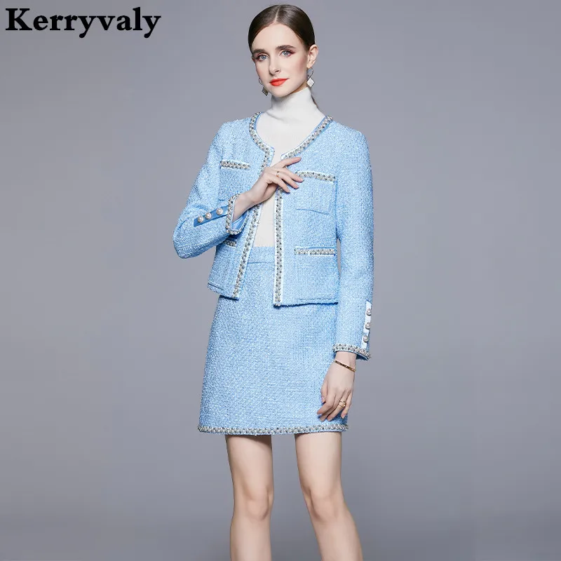 High-end Hand-nailed Beaded Winter Blue Jacket Women Small Fragrance Skirt  Ladies Two Piece Set Outfits Traf Zara Homme K987