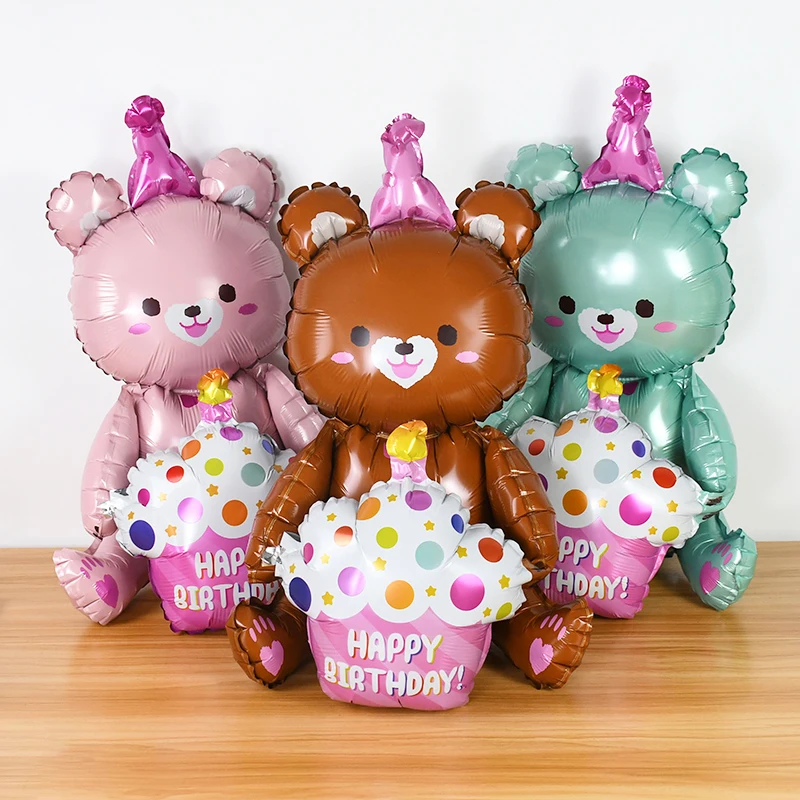 

4D Bear Foil Balloon Birthday Photo Props Cartoon 4D Sitting And Holding Cake Bear Aluminum Film Balloons Baby Shower Party Deco