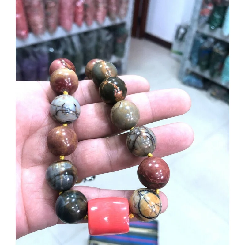 

Natural 16mm Multi-color Picasso Jasper Round Gemstone Coral Necklace 18-25"