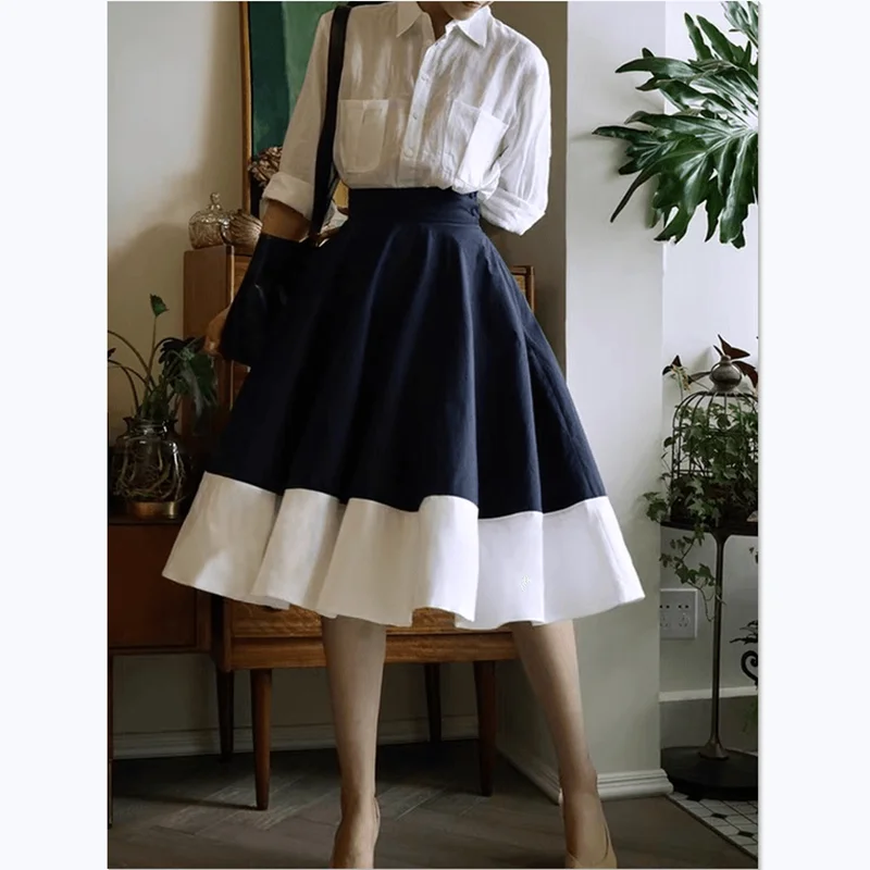

Women High-waist Dark Blue White Swagger Skirt