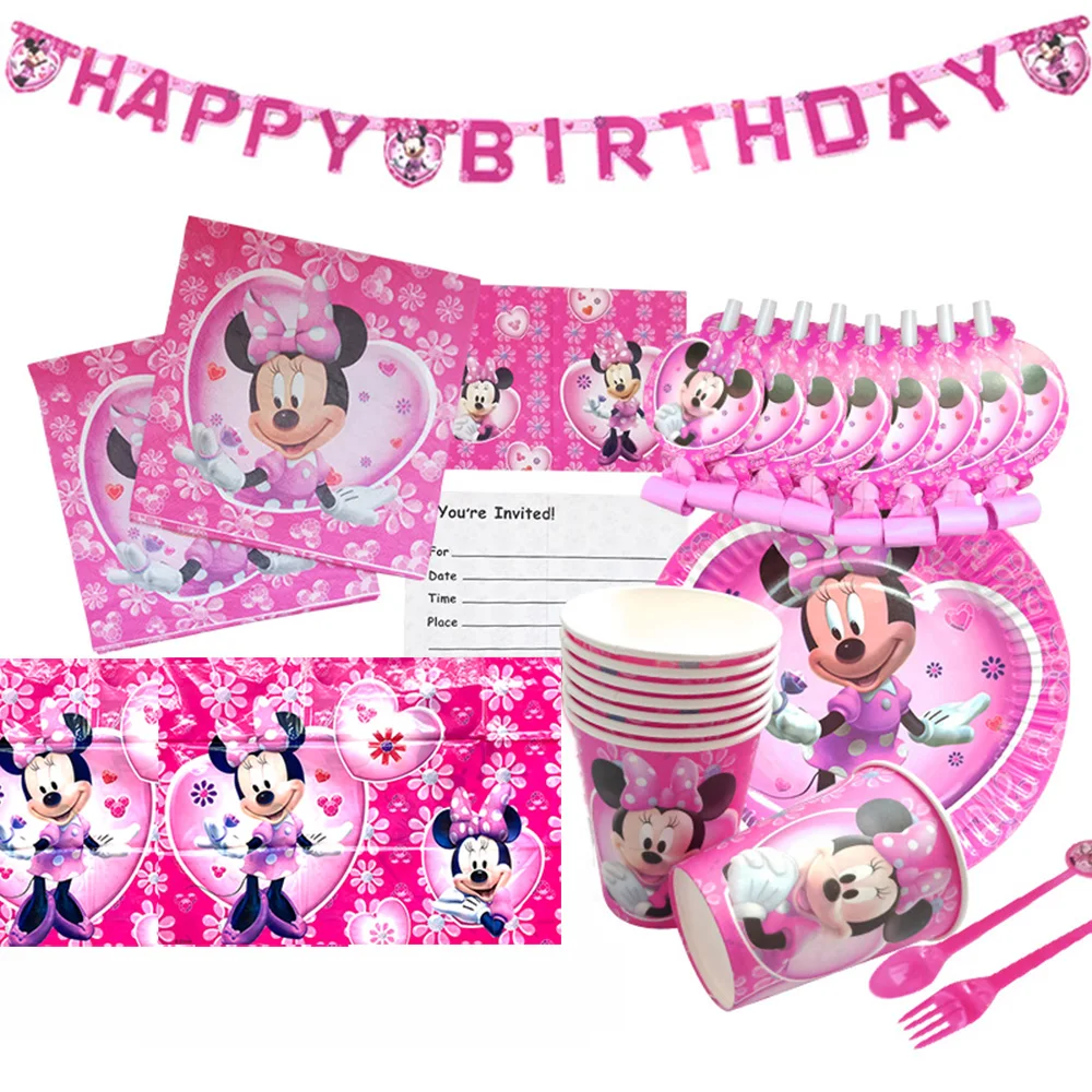 

Disney Minnie Party Decorations for Kids Disposable Tableware Mouse Set Paper Napkins Straws Plate Cup Minnie Party Supplies Set