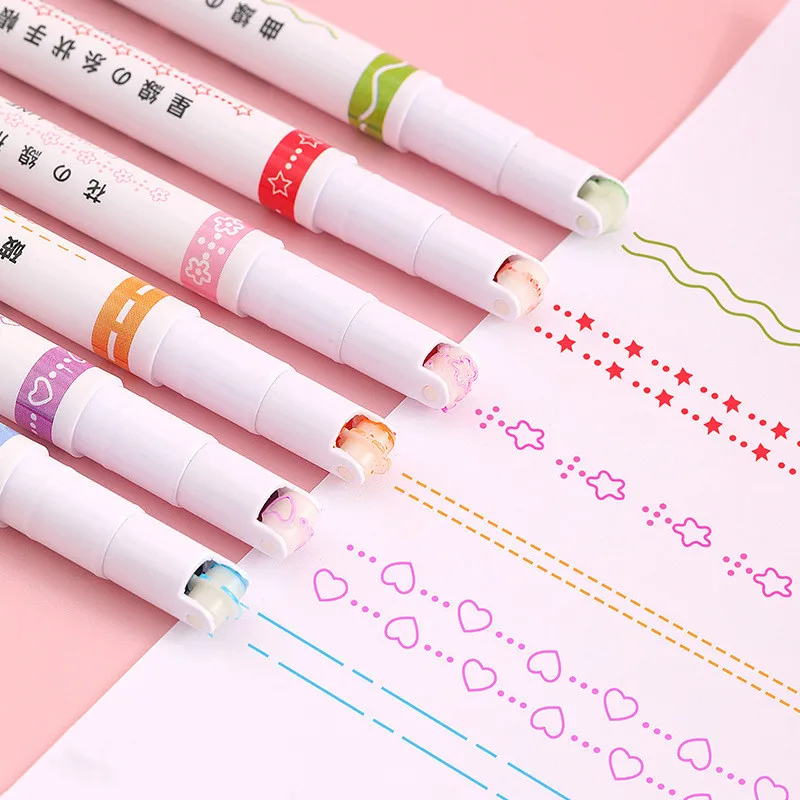 

6Pcs/Set Korean Love Heart Line Shaped Highlighter Pens Multi Colorful Roller Tip Curve Liner Marker Sign Highlighter Stationery