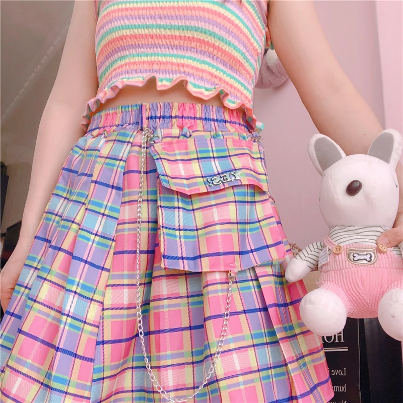 

School Uniform Harajuku Plaid Skirts Women Kawaii High Waist A-line Pleated Mini Skirts Rainbow Korean Japanese