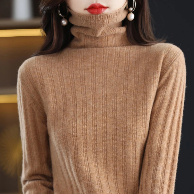 

100% pure wool turtleneck cashmere sweater in autumn and winter women's casual striped knit top women's coat fashion