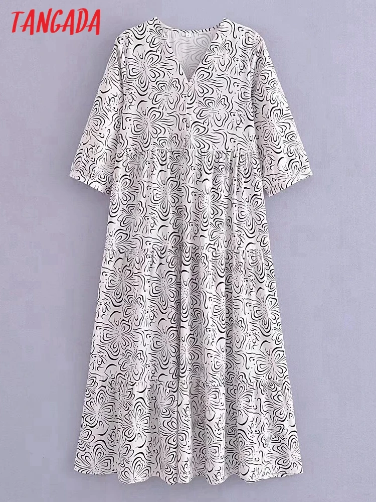 

Tangada 2022 women print French style dress v neck short Sleeve Ladies loose midi dress SW27