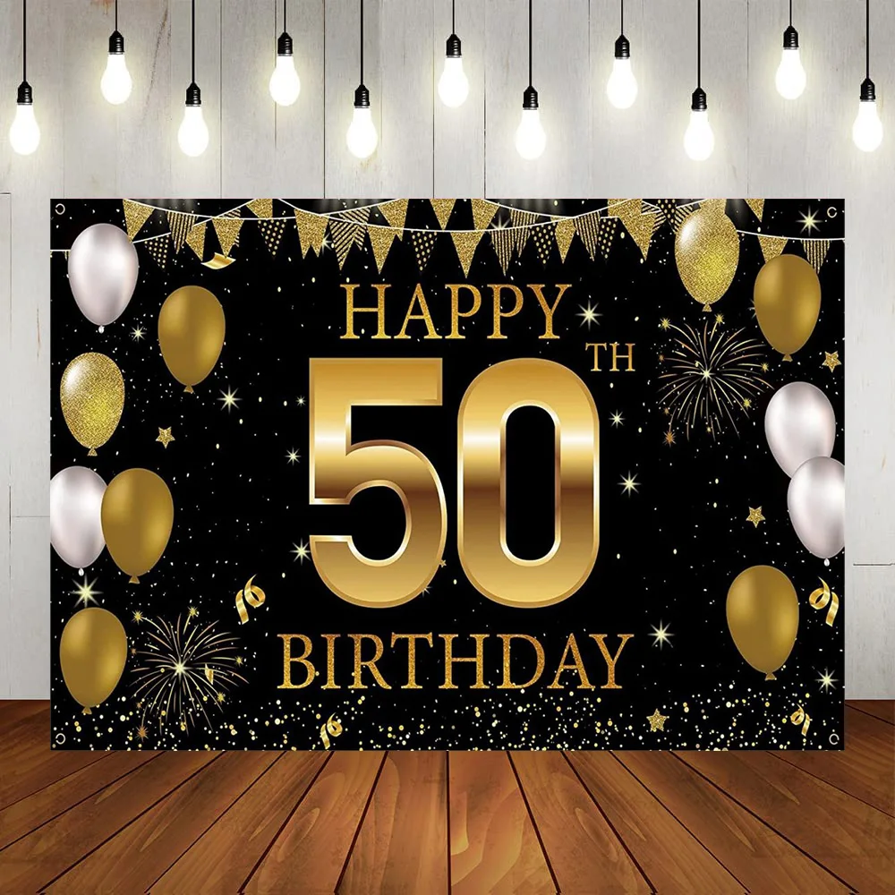 

Happy 50th Birthday Party Banner Backdrop Black Gold Silver Balloon Man Woman Party 50 Years Old Photography Background Poster