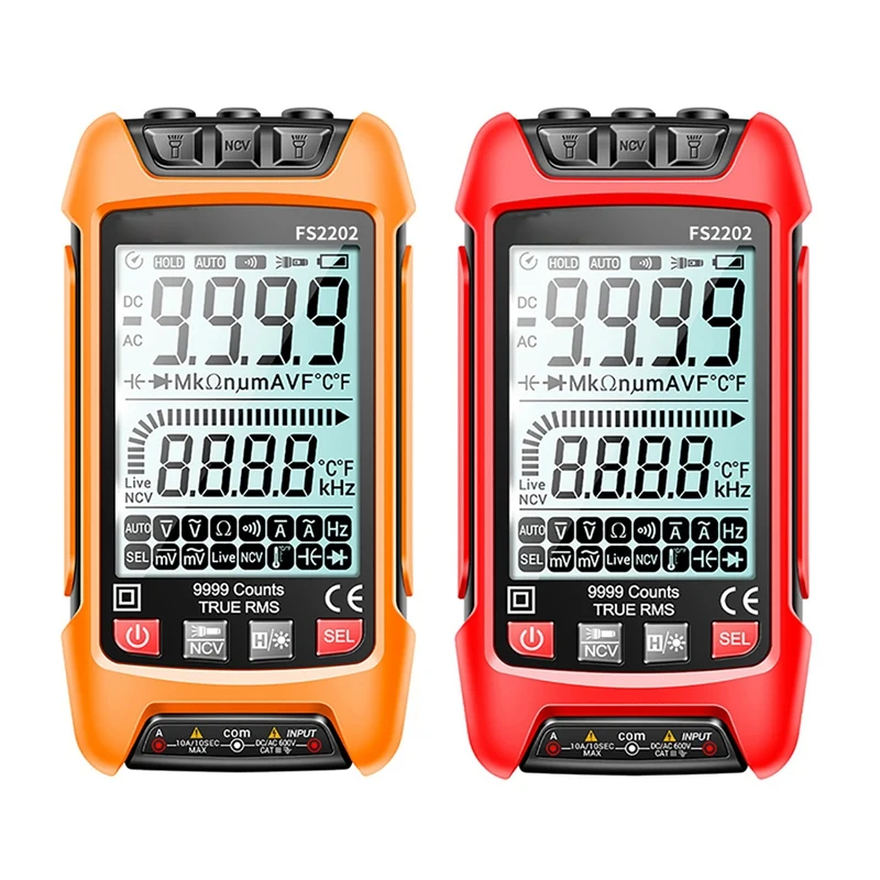 

FS2202 Auto Range Multimeter 9999 Counts TRMS AC DC Voltmeter Amp NCV Resistance Capacitance Transistor Tester Red