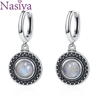 silver earrings 6mm round natural moonstone earrings wedding party fashion retro ear jewelry for women