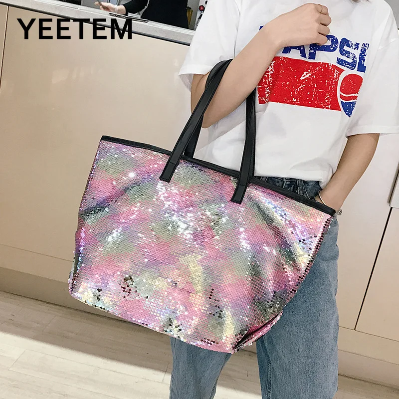 

Tote Sequined Bag European Portable Simple Shoulder Bag Personality Colorful Sequin Tote Bag Women's Bag Shoulder Bags