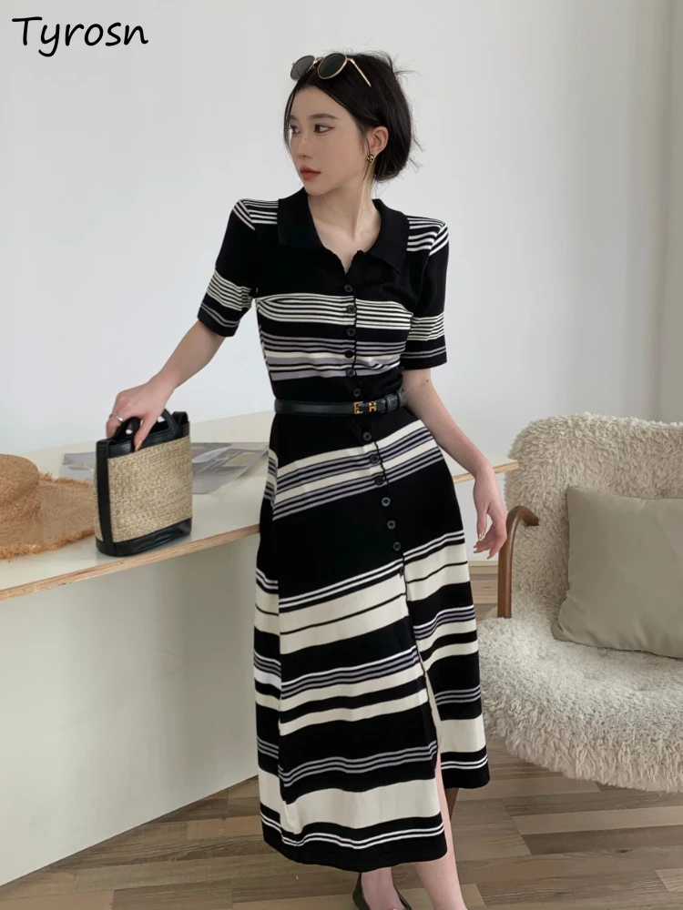 

Женские Простые ретро-платья в полоску в Корейском стиле удобные для отдыха элегантные модные классические офисные дамские платья с отложным воротником