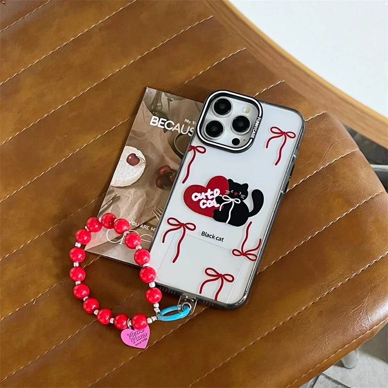 Фото Чехол для телефона с милым мультяшным черным котом и бантиком для iPhone 15 Pro 13 14 Pro Max, защитные чехлы с цепочкой из бисера для 13pro 15 Kawaii №5