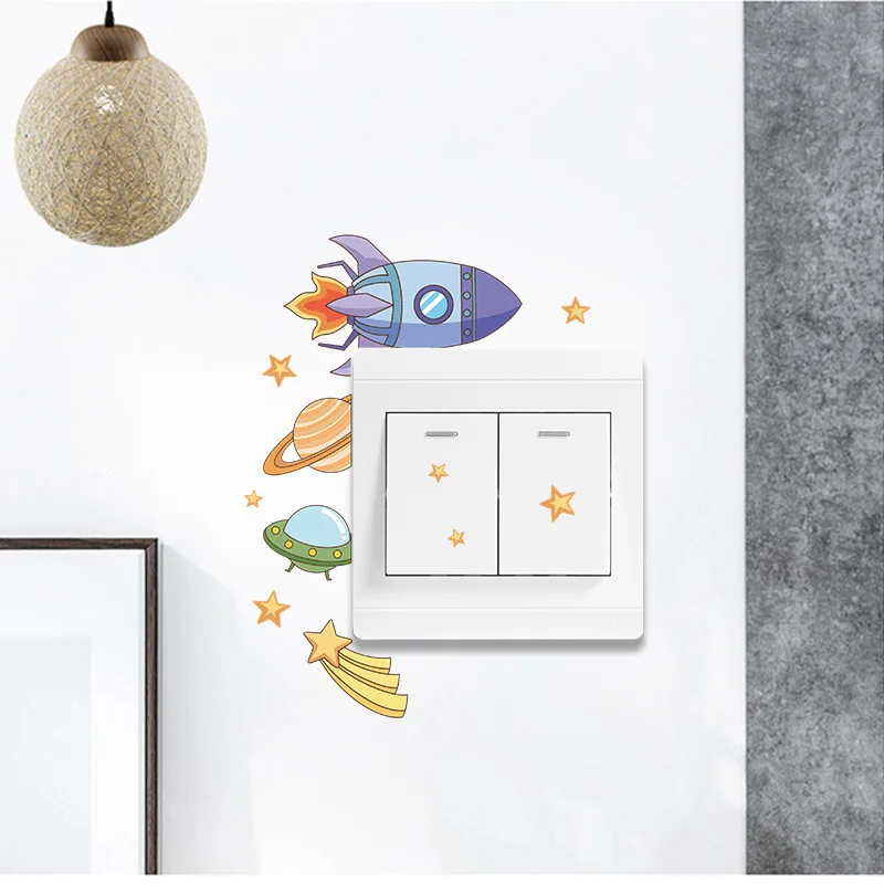

4Pcs Cartoon Switch Stickers Rocket Ship Stars Porch Switch On The Wall Poster For Kids Room Bedroom Kitchen Home Decoration