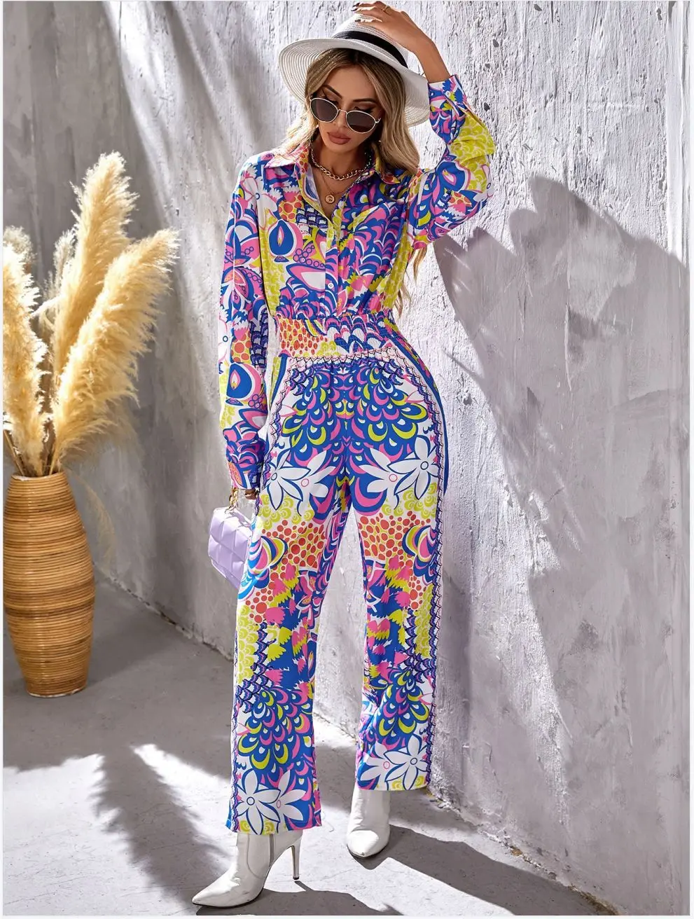 

Sexy V-Neck Jumpsuit Spring Long Sleeve Button High Waist Playsuit Overalls Women Elegant Flower Print Pocket Rompers