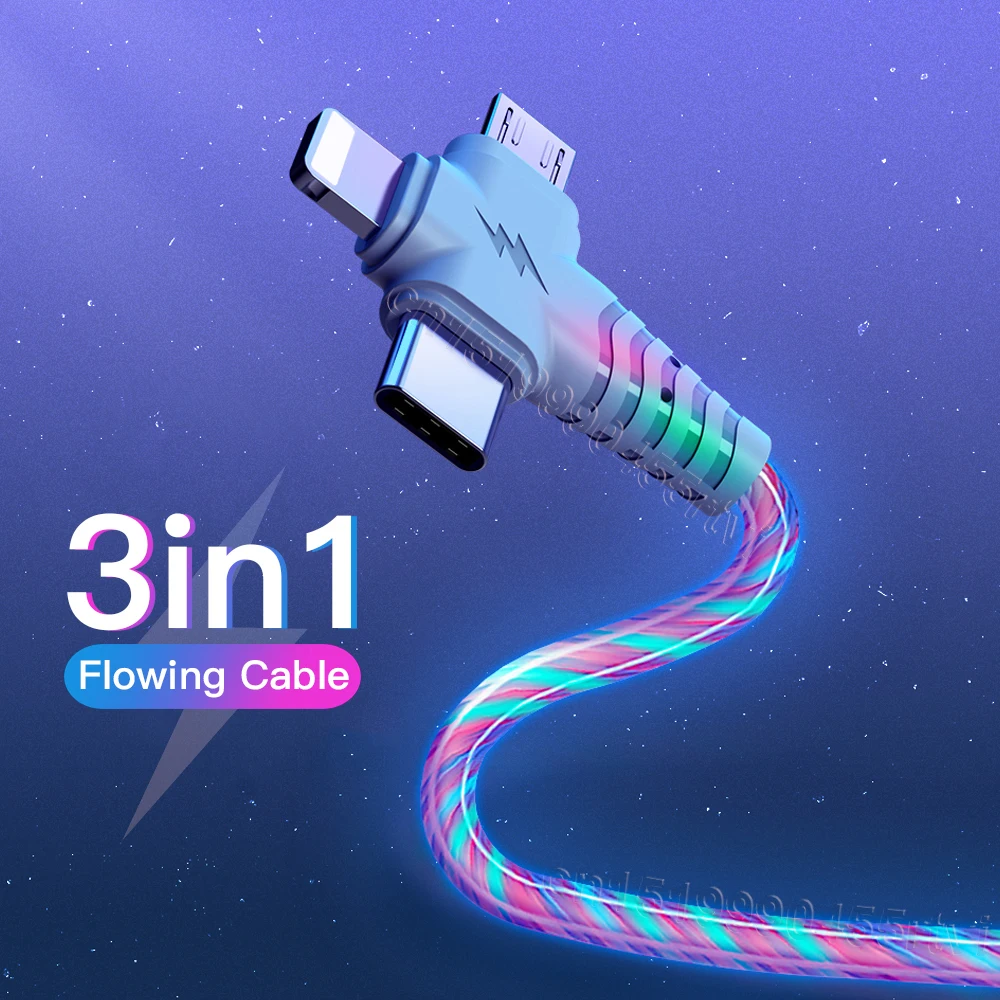 

3in1 Flow Luminous Lighting usb cable for iPhone 13 12 11 Pro 3 in 1 2in1 LED Micro USB Type C 8-Pin charger for Huawei Xiaomi