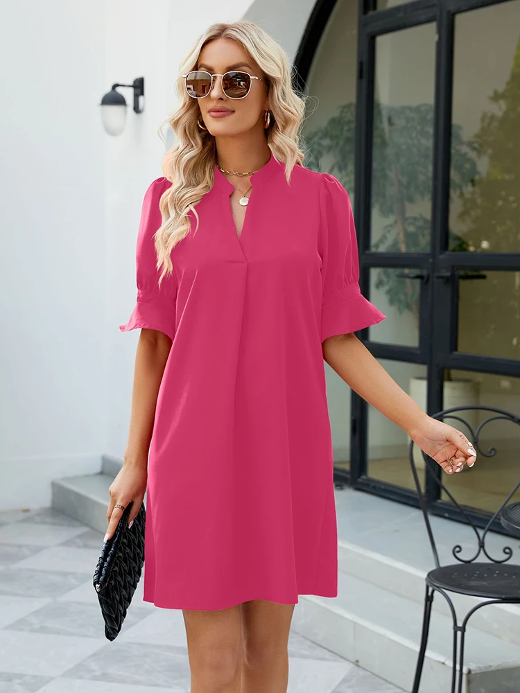 

2023 European American New Chiffon Summer Dress Women Solid Color Loose Short Sleeve Knee Length Skirt V-Neck Pullover Dresses