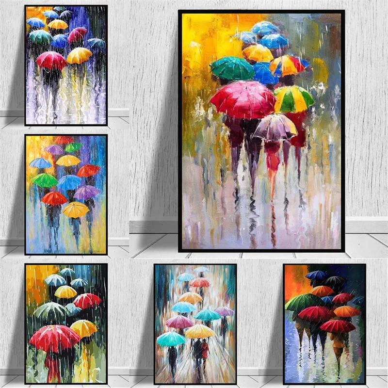 

People Holding Colorful Umbrellas In The Rain Canvas Oil Painting Abstract Wall Art Poster Living Room Home Decoration Picture