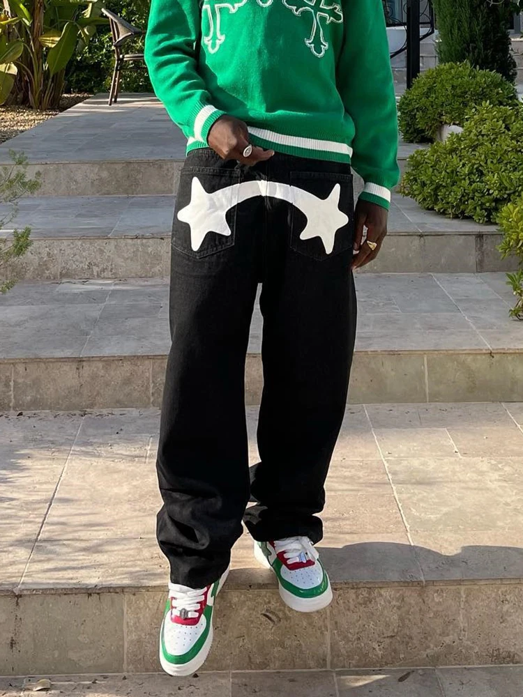 New Trendy Black Baggy Jeans Men Y2K Fashion Logo Printed Cotton Denim Pants Streetwear Patched Loose Straight Casual Trousers