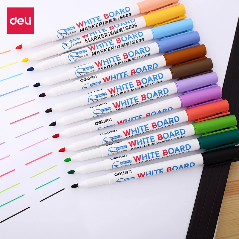 

Набор маркеров для белой доски DELI, 12 цветов, нетоксичные маркеры для сухого стирания, тонкие перья, Товары для офиса, школы, студентов
