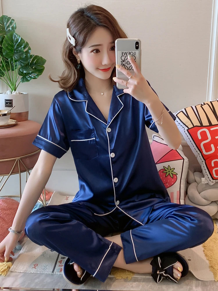 Ice Silk Pajamas Women Summer Thin Short sleeve Trousers Plus size Sexy New Real Home Wear Loose Set