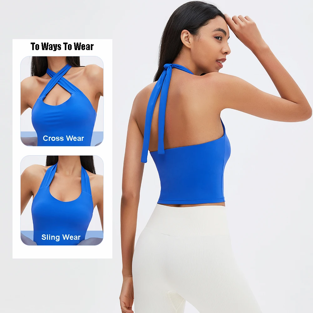 

Fashion Sports Yoga Top Women Sexy Sling V-Neck Backless Workout Fitness Crop Top Gathered Push Up Sports Underwear Gym Clothing