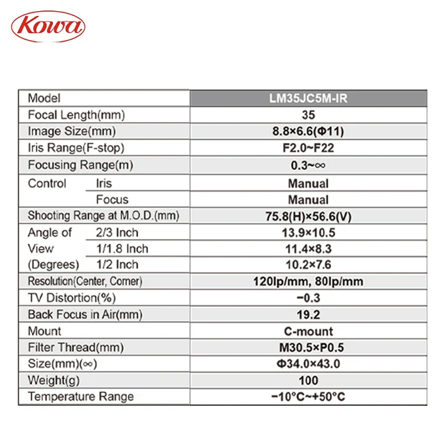 Kowa LM35JC5M-IR 5MP 35mm F2.0-F22 Инфракрасная линза с фиксированным фокусным расстоянием и