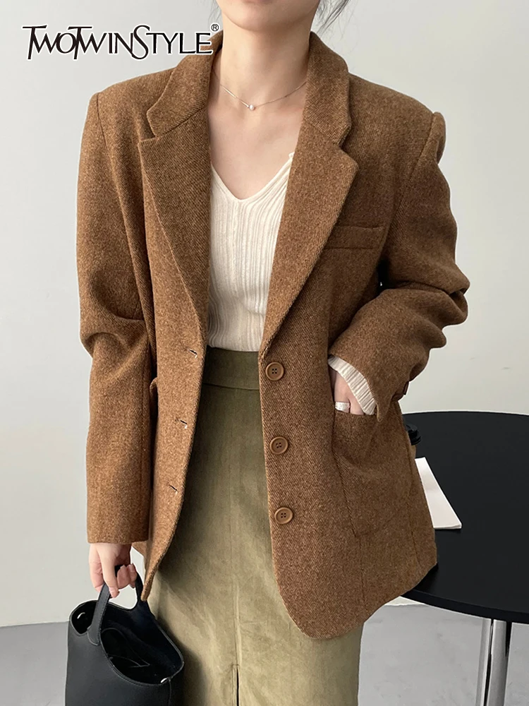 

TWOTWINSTYLE Solid Minimalist Blazers For Women Notched Collar Long Sleeve Patchwork Single Breasted Vintage Blazer Female Style