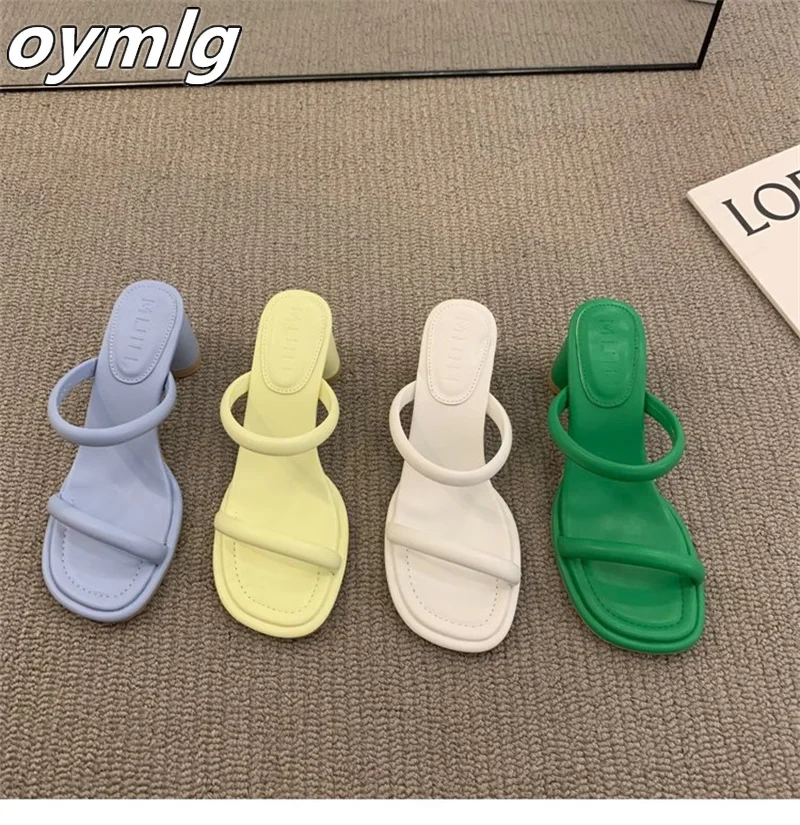 2022women's summer one word with square heels high heels lazy people square toe open-toe outside wearing beach half drag sandals
