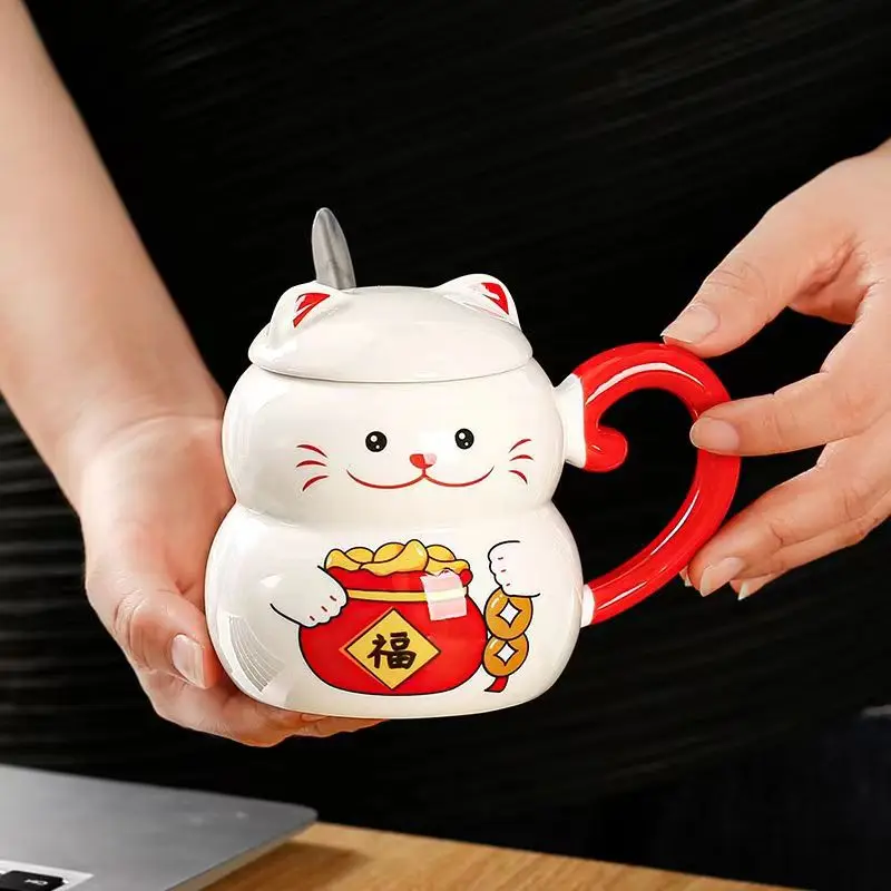 Фото Керамическая кофейная кружка Lucky Cat с крышкой для кошки, креативный милый мультяшный милый подарок для завтрака, бутылка для воды, офисная посуда для питья, посуда для напитков №1