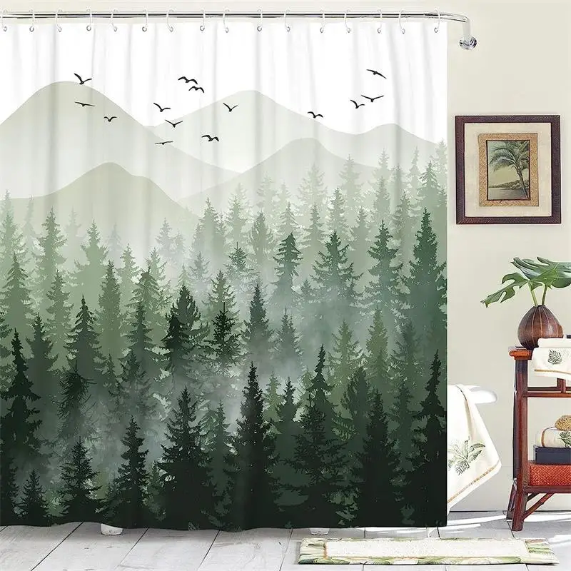 

Занавеска для душа с изображением туманного леса, водонепроницаемая тканевая Штора для ванной с изображением зеленых деревьев, гор, природного ландшафта, с крючками