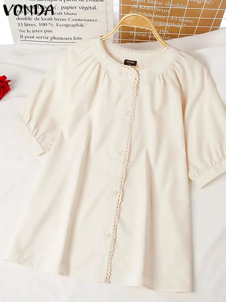 

Summer Blouse 2022 VONDA Women Tops Vintage Short Puff Sleeve Shirts Casual Solid Blouse Lady Office Pleated Blusas Femininas