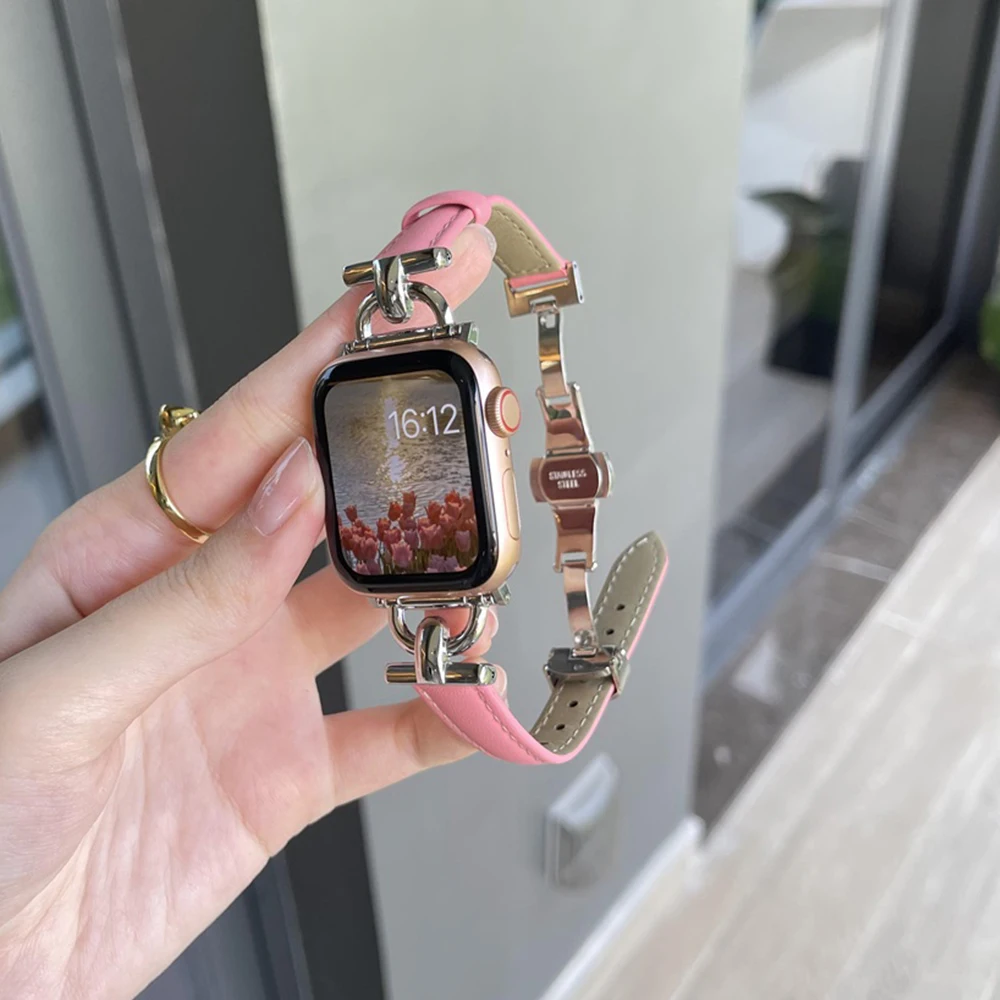 

Кожаный женский браслет для Apple Watch Ultra 49 мм 41 45 мм 38 40 мм 42 44 мм ремешок с застежкой-бабочкой для iWatch Series 8 7 6 SE 5 4 3